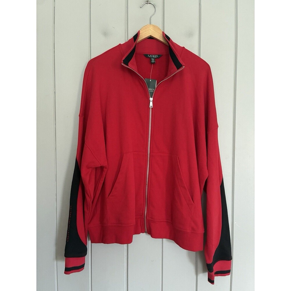 NWT Women's Ralph Lauren Red Long Sleeve Mock Neck Terry Track Jacket XXL NEW